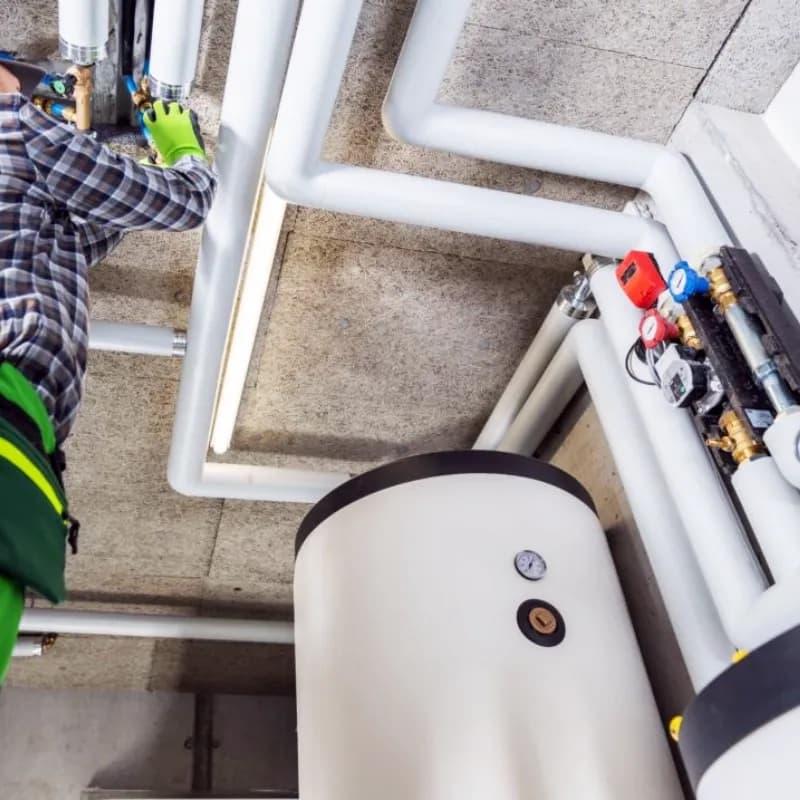 Técnico revisando la instalación de un acumulador de agua caliente en una sala de calderas